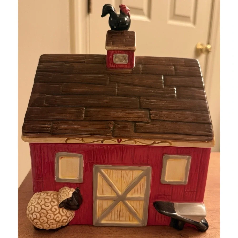 Vintage Red Barn Cookie Jar Rooster, Cow, Sheep EUC‎